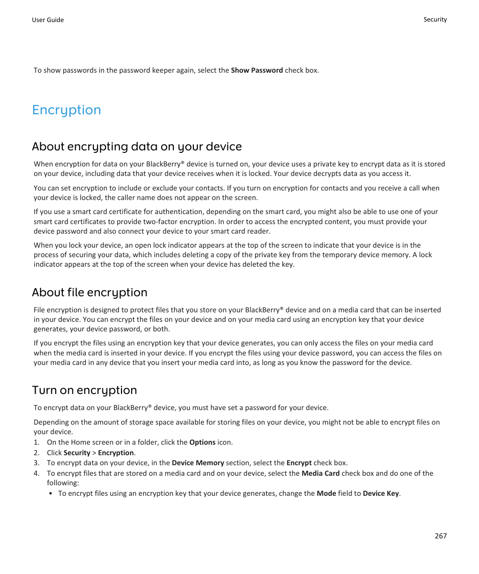 Encryption, About encrypting data on your device, About file encryption | Turn on encryption | Blackberry PEARL 9105 User Manual | Page 269 / 325