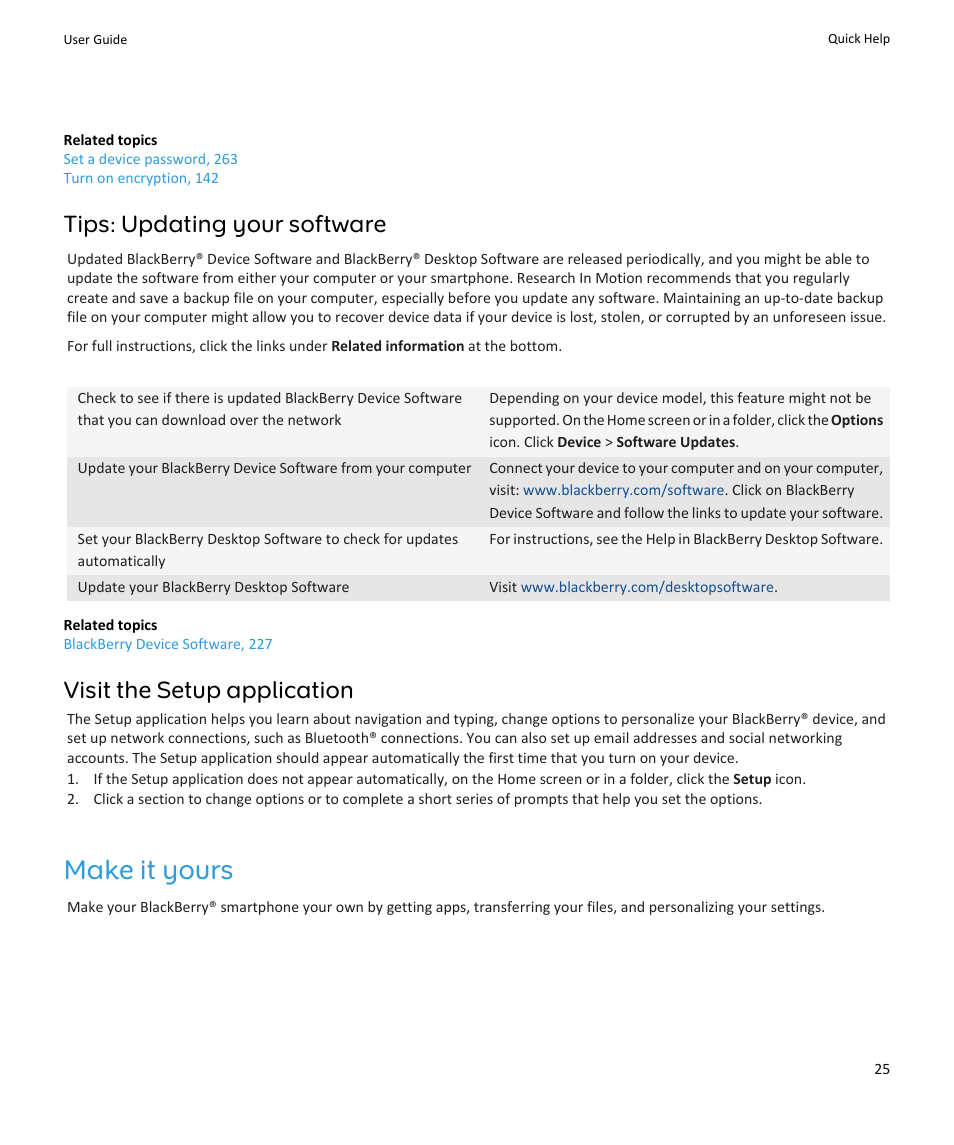 Make it yours, Tips: updating your software, Visit the setup application | Blackberry PEARL 9105 User Manual | Page 27 / 325