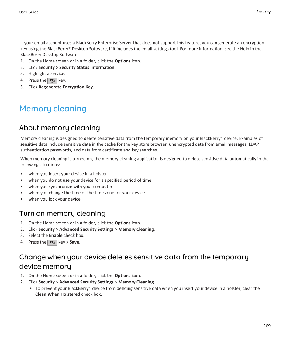 Memory cleaning | Blackberry PEARL 9105 User Manual | Page 271 / 325