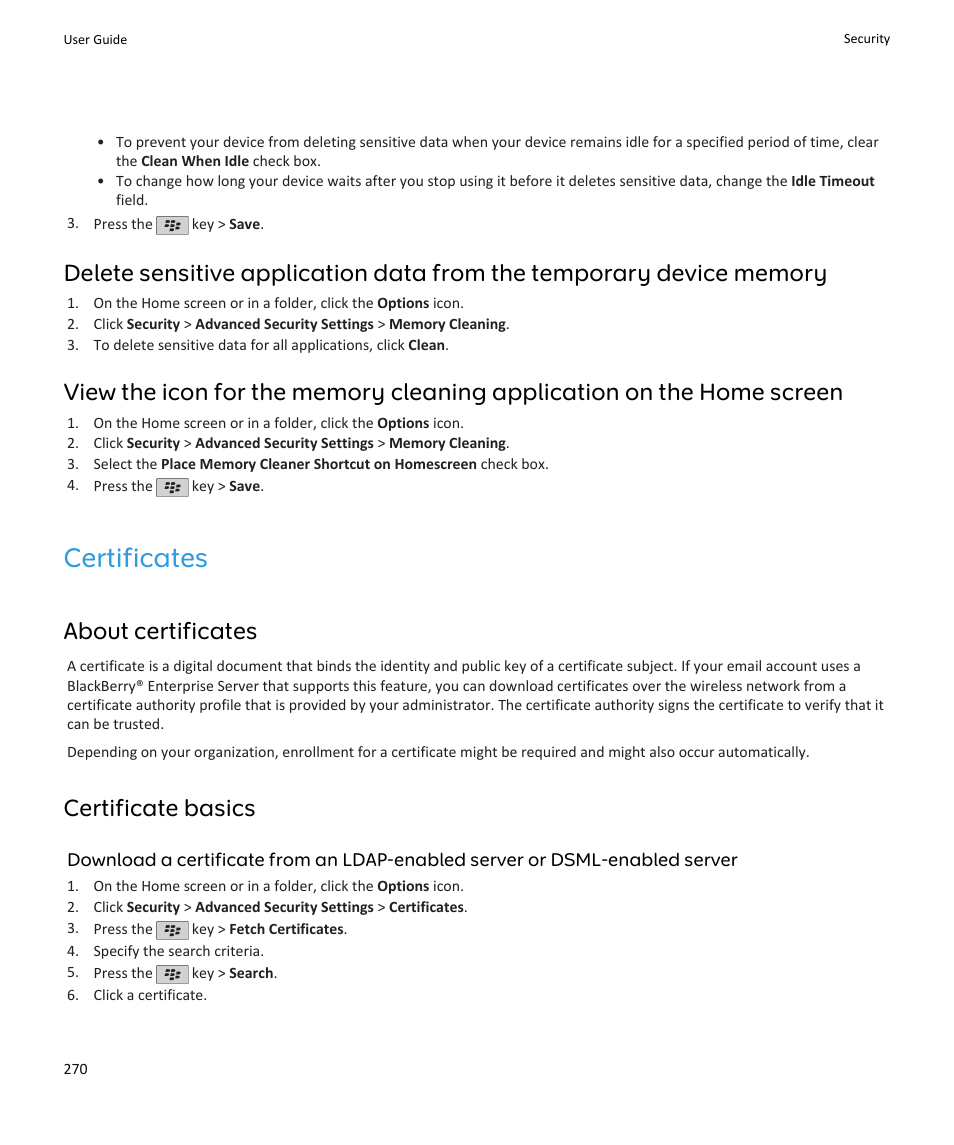 Certificates, About certificates, Certificate basics | Blackberry PEARL 9105 User Manual | Page 272 / 325