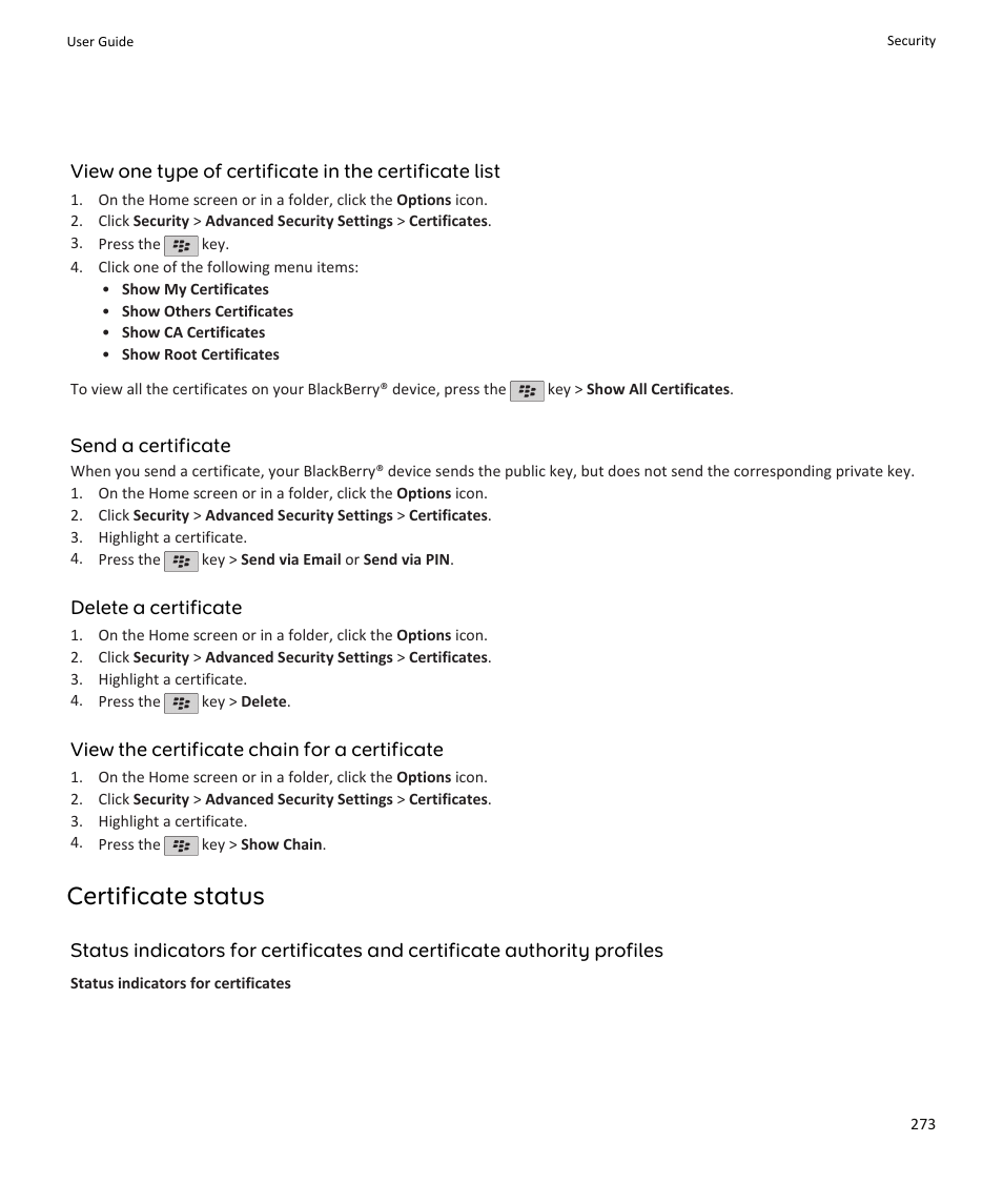 Certificate status | Blackberry PEARL 9105 User Manual | Page 275 / 325