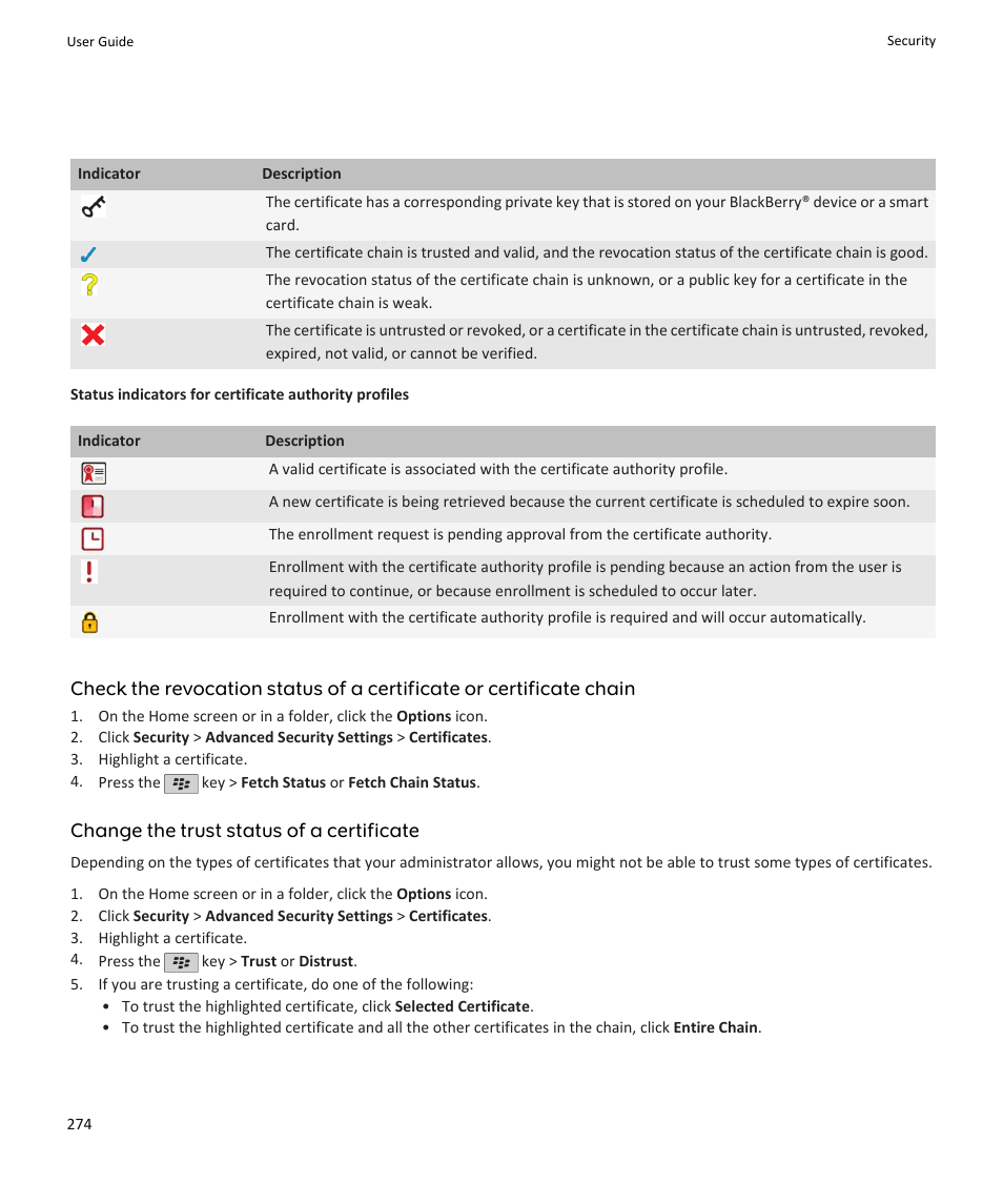Change the trust status of a certificate | Blackberry PEARL 9105 User Manual | Page 276 / 325