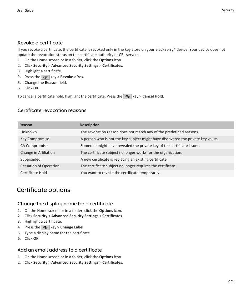 Certificate options | Blackberry PEARL 9105 User Manual | Page 277 / 325