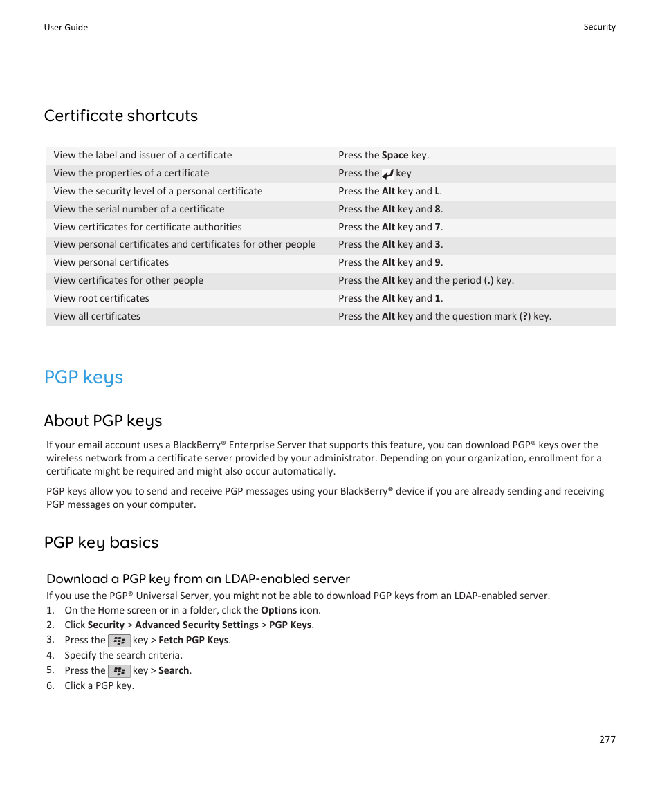 Pgp keys, Certificate shortcuts, About pgp keys | Pgp key basics | Blackberry PEARL 9105 User Manual | Page 279 / 325