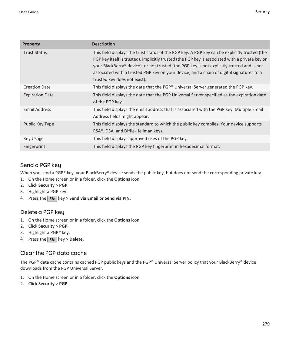 Send a pgp key, Delete a pgp key, Clear the pgp data cache | Blackberry PEARL 9105 User Manual | Page 281 / 325