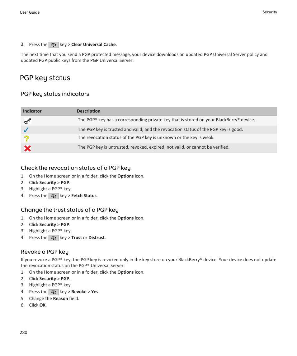 Pgp key status | Blackberry PEARL 9105 User Manual | Page 282 / 325
