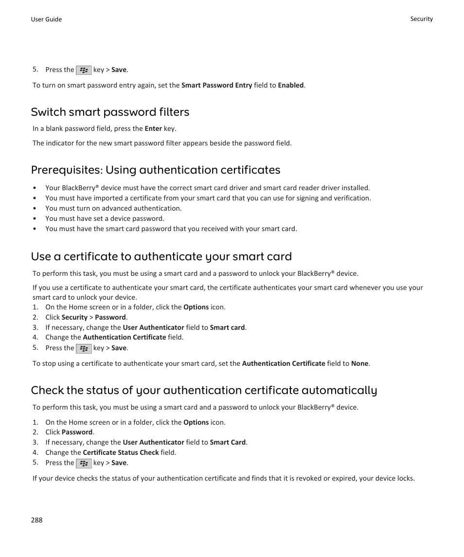Switch smart password filters, Prerequisites: using authentication certificates, Use a certificate to authenticate your smart card | Blackberry PEARL 9105 User Manual | Page 290 / 325
