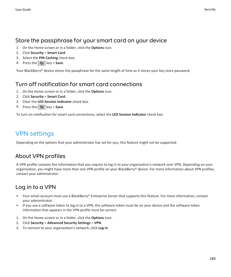 Vpn settings, Turn off notification for smart card connections, About vpn profiles | Log in to a vpn | Blackberry PEARL 9105 User Manual | Page 291 / 325