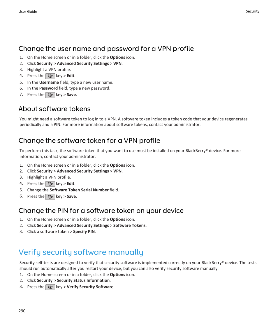 Verify security software manually, About software tokens, Change the software token for a vpn profile | Change the pin for a software token on your device | Blackberry PEARL 9105 User Manual | Page 292 / 325