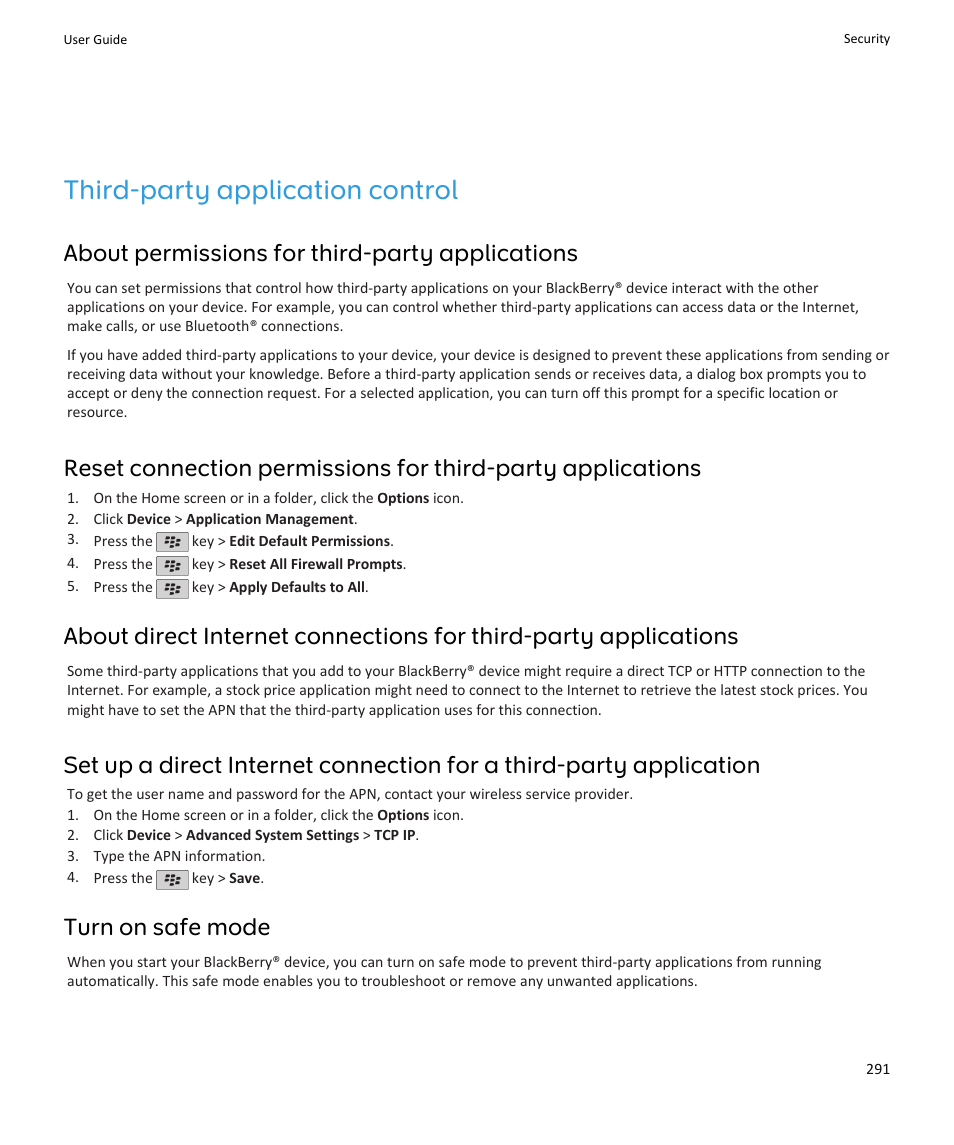 Third-party application control, About permissions for third-party applications, Turn on safe mode | Blackberry PEARL 9105 User Manual | Page 293 / 325