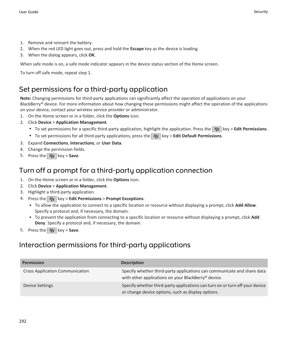 Set permissions for a third-party application | Blackberry PEARL 9105 User Manual | Page 294 / 325