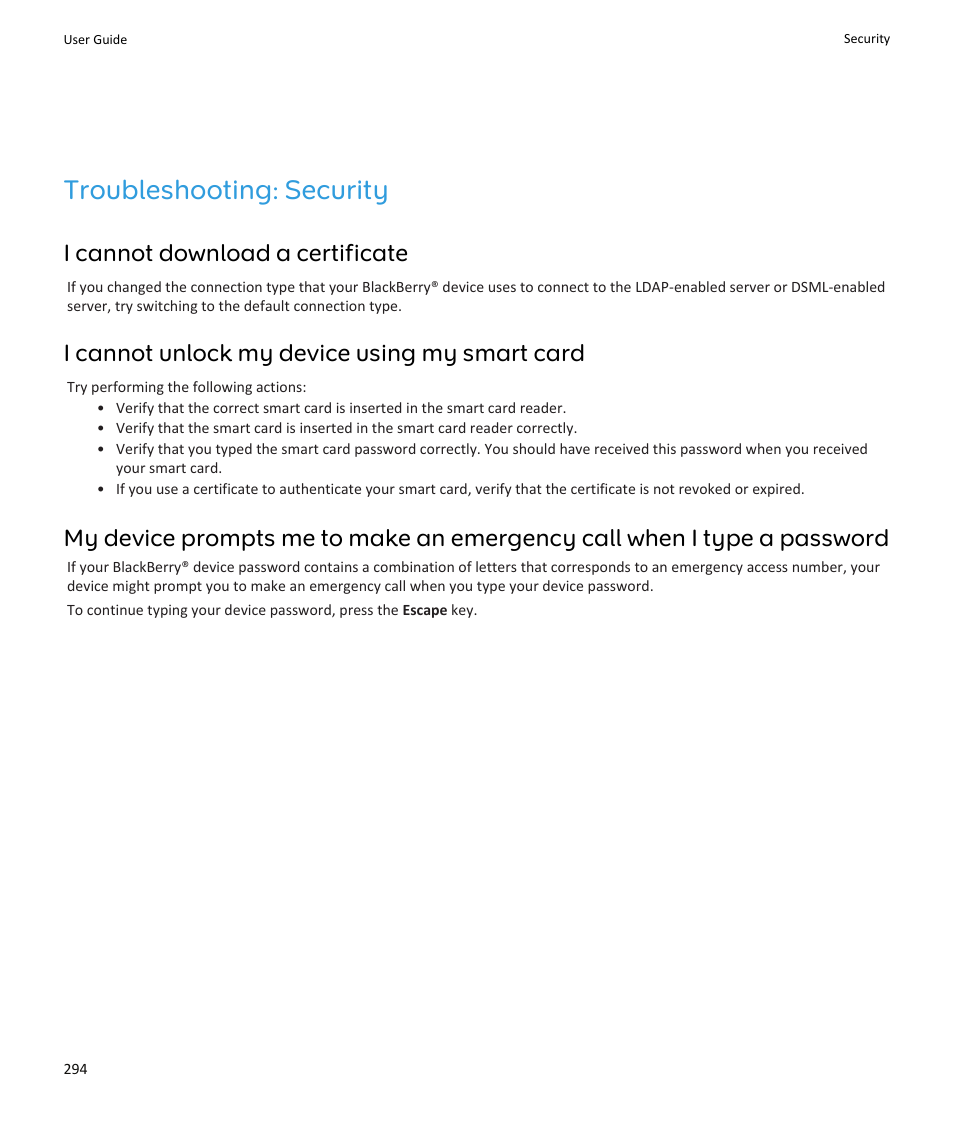 Troubleshooting: security, I cannot download a certificate, I cannot unlock my device using my smart card | Blackberry PEARL 9105 User Manual | Page 296 / 325