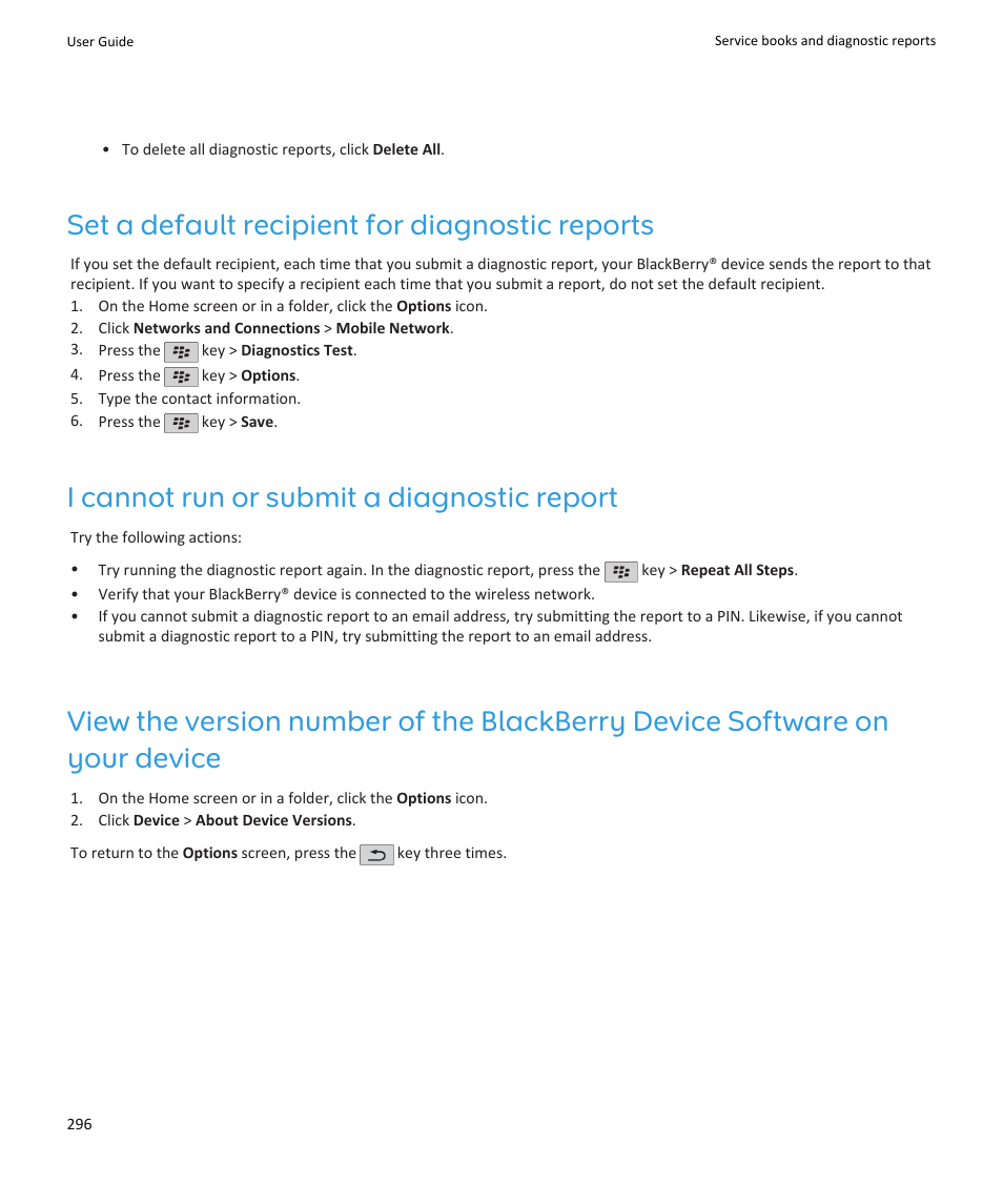 Set a default recipient for diagnostic reports, I cannot run or submit a diagnostic report | Blackberry PEARL 9105 User Manual | Page 298 / 325