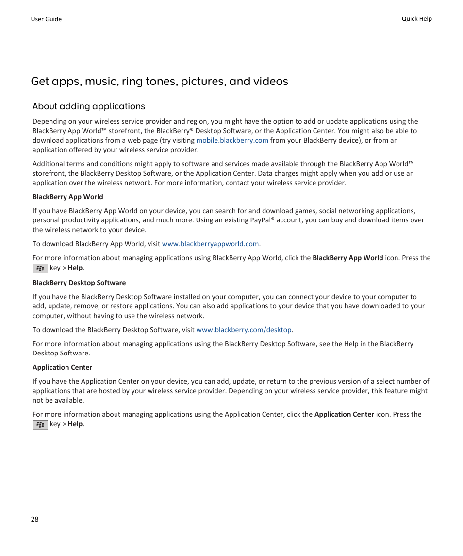 Get apps, music, ring tones, pictures, and videos | Blackberry PEARL 9105 User Manual | Page 30 / 325