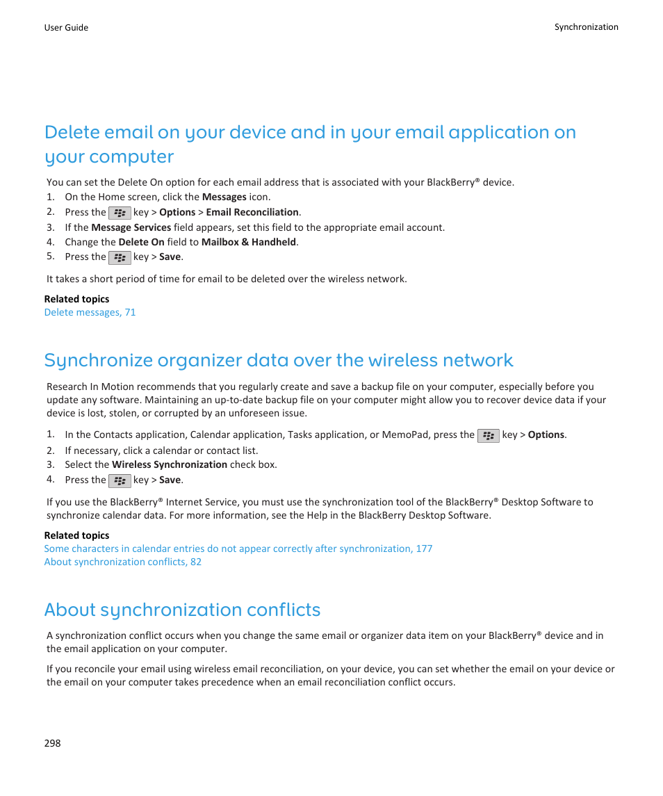 About synchronization conflicts | Blackberry PEARL 9105 User Manual | Page 300 / 325