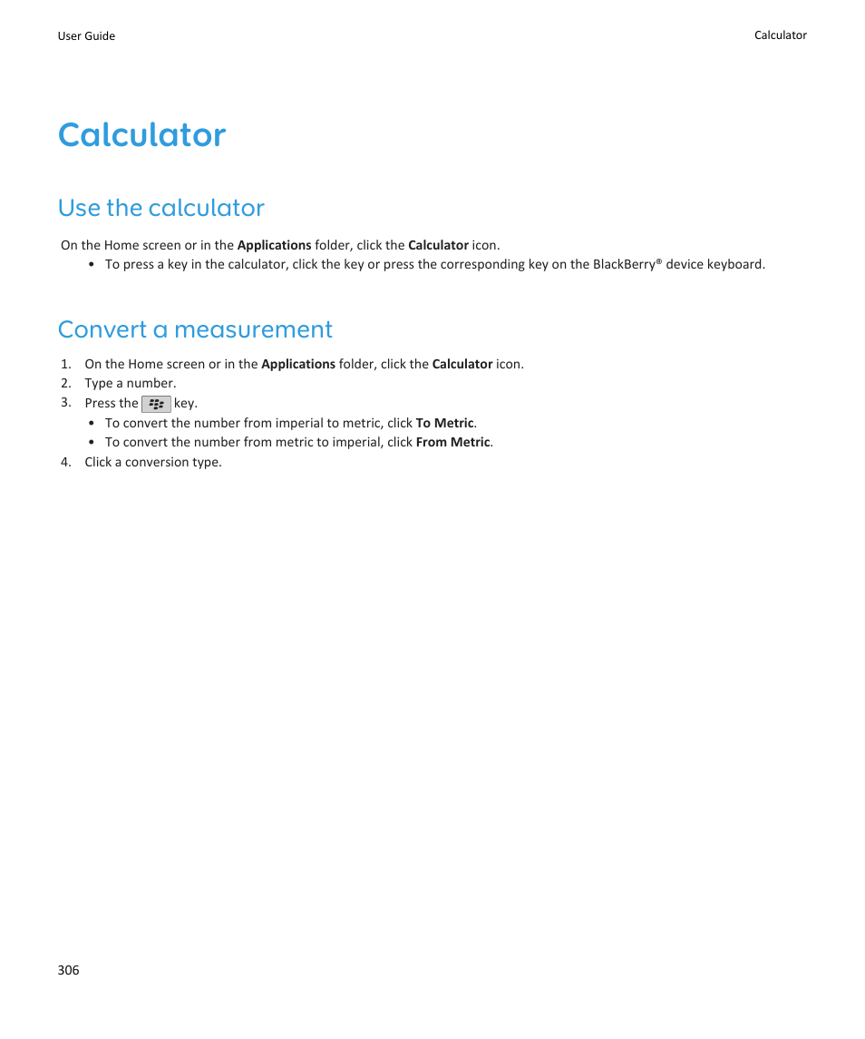 Calculator, Use the calculator, Convert a measurement | Blackberry PEARL 9105 User Manual | Page 308 / 325