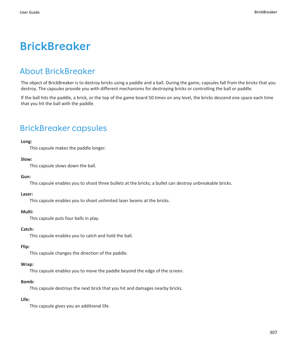 Brickbreaker, About brickbreaker, Brickbreaker capsules | Blackberry PEARL 9105 User Manual | Page 309 / 325