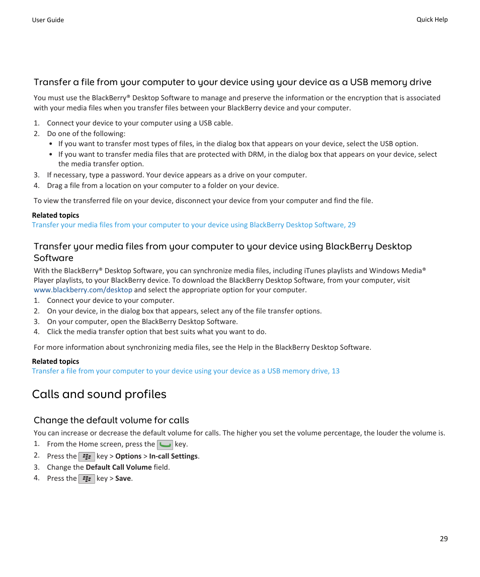 Calls and sound profiles | Blackberry PEARL 9105 User Manual | Page 31 / 325