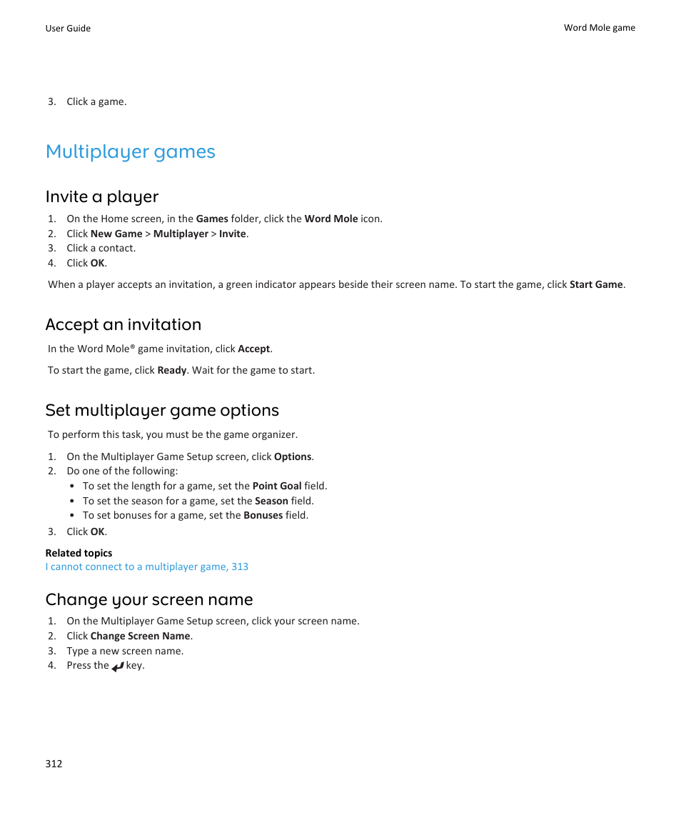 Multiplayer games, Invite a player, Accept an invitation | Set multiplayer game options, Change your screen name | Blackberry PEARL 9105 User Manual | Page 314 / 325