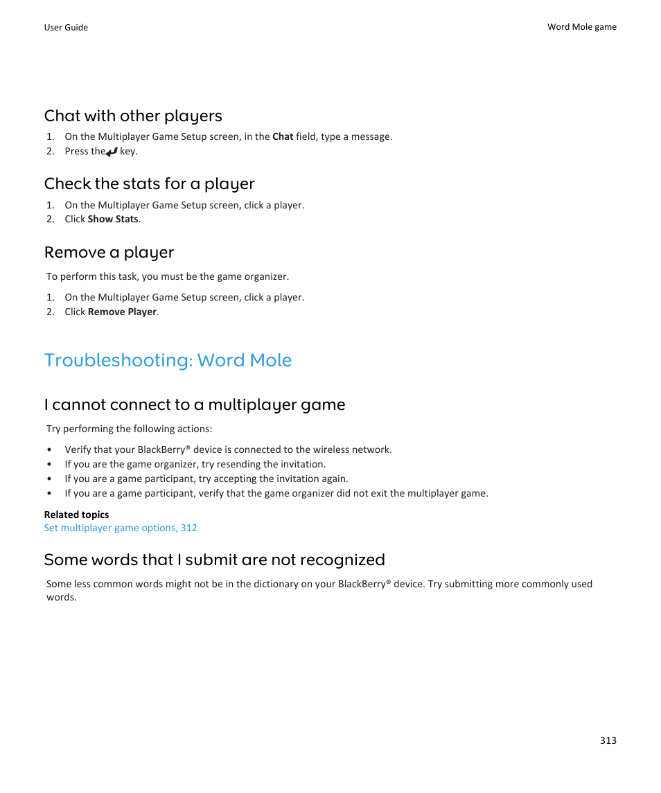 Troubleshooting: word mole, Chat with other players, Check the stats for a player | Remove a player, I cannot connect to a multiplayer game, Some words that i submit are not recognized | Blackberry PEARL 9105 User Manual | Page 315 / 325