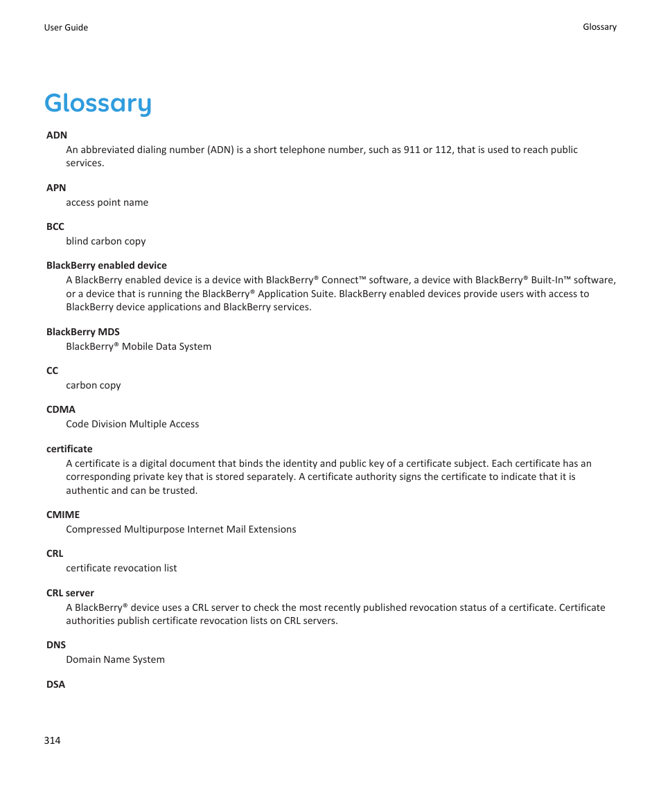 Glossary | Blackberry PEARL 9105 User Manual | Page 316 / 325