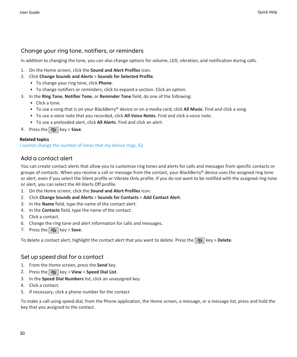 Change your ring tone, notifiers, or reminders, Add a contact alert, Set up speed dial for a contact | Blackberry PEARL 9105 User Manual | Page 32 / 325