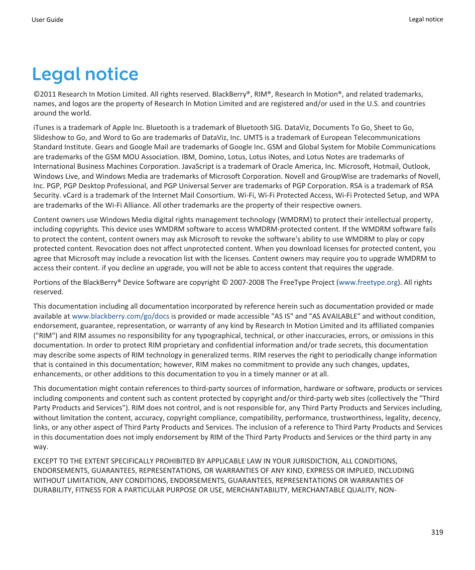 Legal notice | Blackberry PEARL 9105 User Manual | Page 321 / 325