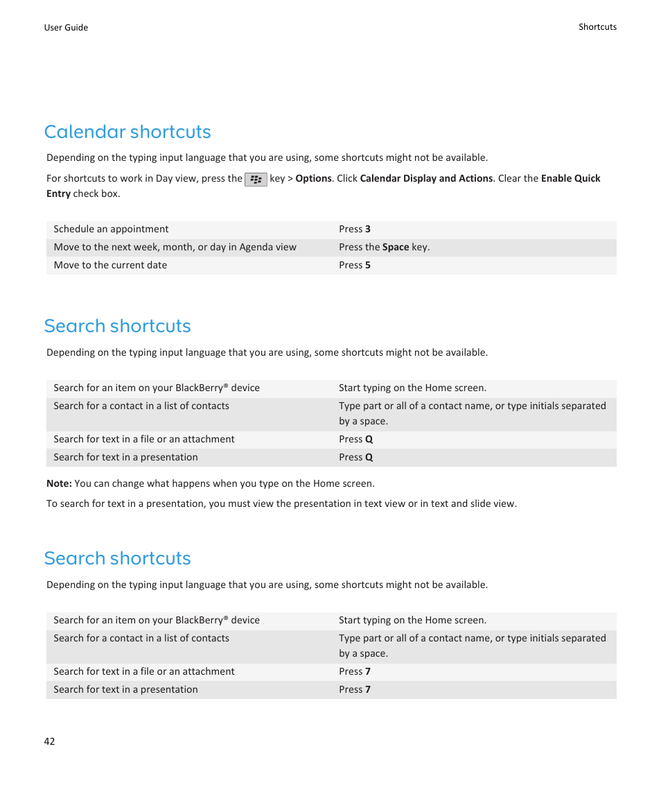Calendar shortcuts, Search shortcuts | Blackberry PEARL 9105 User Manual | Page 44 / 325