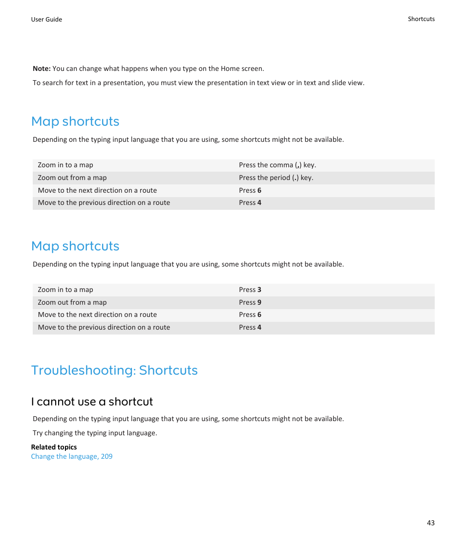 Map shortcuts, Troubleshooting: shortcuts, I cannot use a shortcut | Blackberry PEARL 9105 User Manual | Page 45 / 325