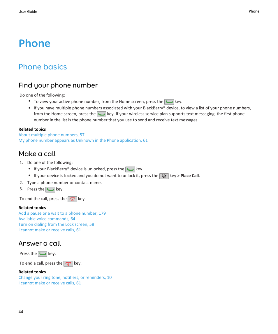Phone, Phone basics, Find your phone number | Make a call, Answer a call | Blackberry PEARL 9105 User Manual | Page 46 / 325