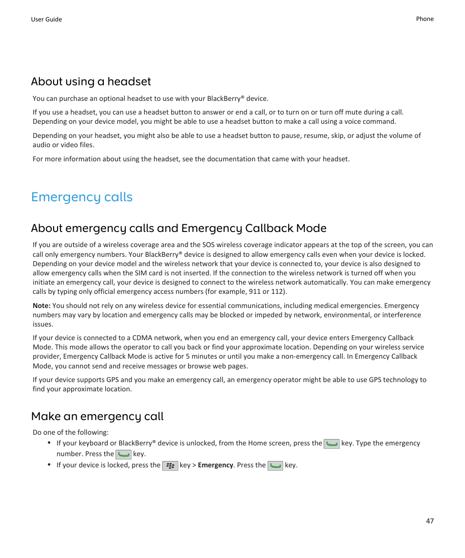 Emergency calls, About using a headset, About emergency calls and emergency callback mode | Make an emergency call | Blackberry PEARL 9105 User Manual | Page 49 / 325