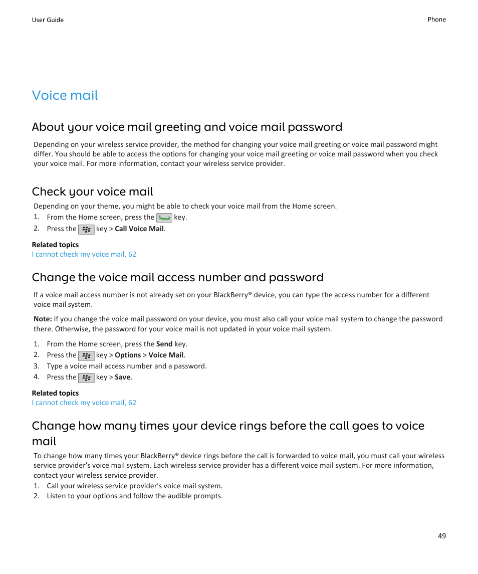Voice mail, Check your voice mail, Change the voice mail access number and password | Blackberry PEARL 9105 User Manual | Page 51 / 325