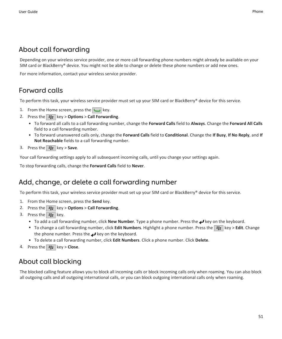 About call forwarding, Forward calls, Add, change, or delete a call forwarding number | About call blocking | Blackberry PEARL 9105 User Manual | Page 53 / 325