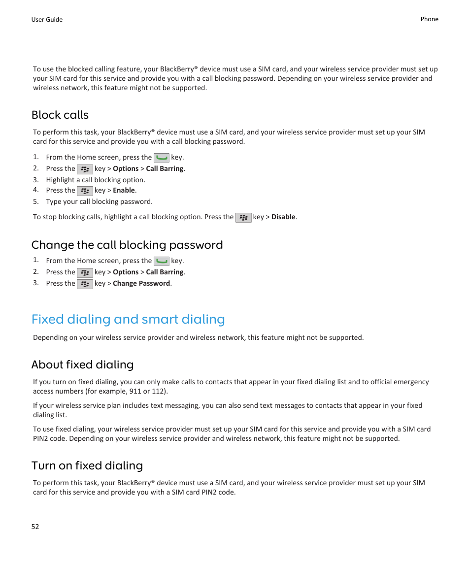 Fixed dialing and smart dialing, Block calls, Change the call blocking password | About fixed dialing, Turn on fixed dialing | Blackberry PEARL 9105 User Manual | Page 54 / 325
