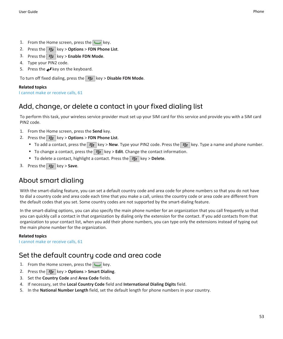 About smart dialing, Set the default country code and area code | Blackberry PEARL 9105 User Manual | Page 55 / 325