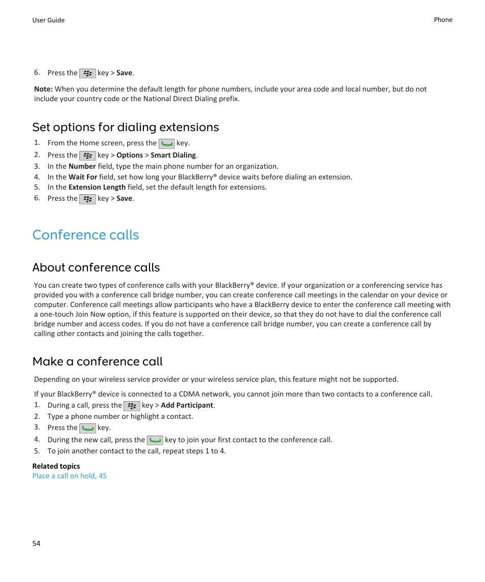 Conference calls, Set options for dialing extensions, About conference calls | Make a conference call | Blackberry PEARL 9105 User Manual | Page 56 / 325