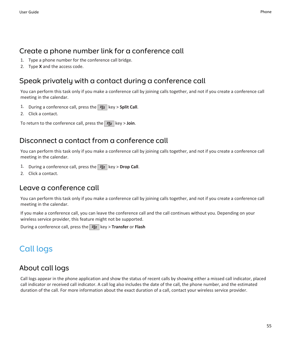 Call logs, Create a phone number link for a conference call, Disconnect a contact from a conference call | Leave a conference call, About call logs | Blackberry PEARL 9105 User Manual | Page 57 / 325