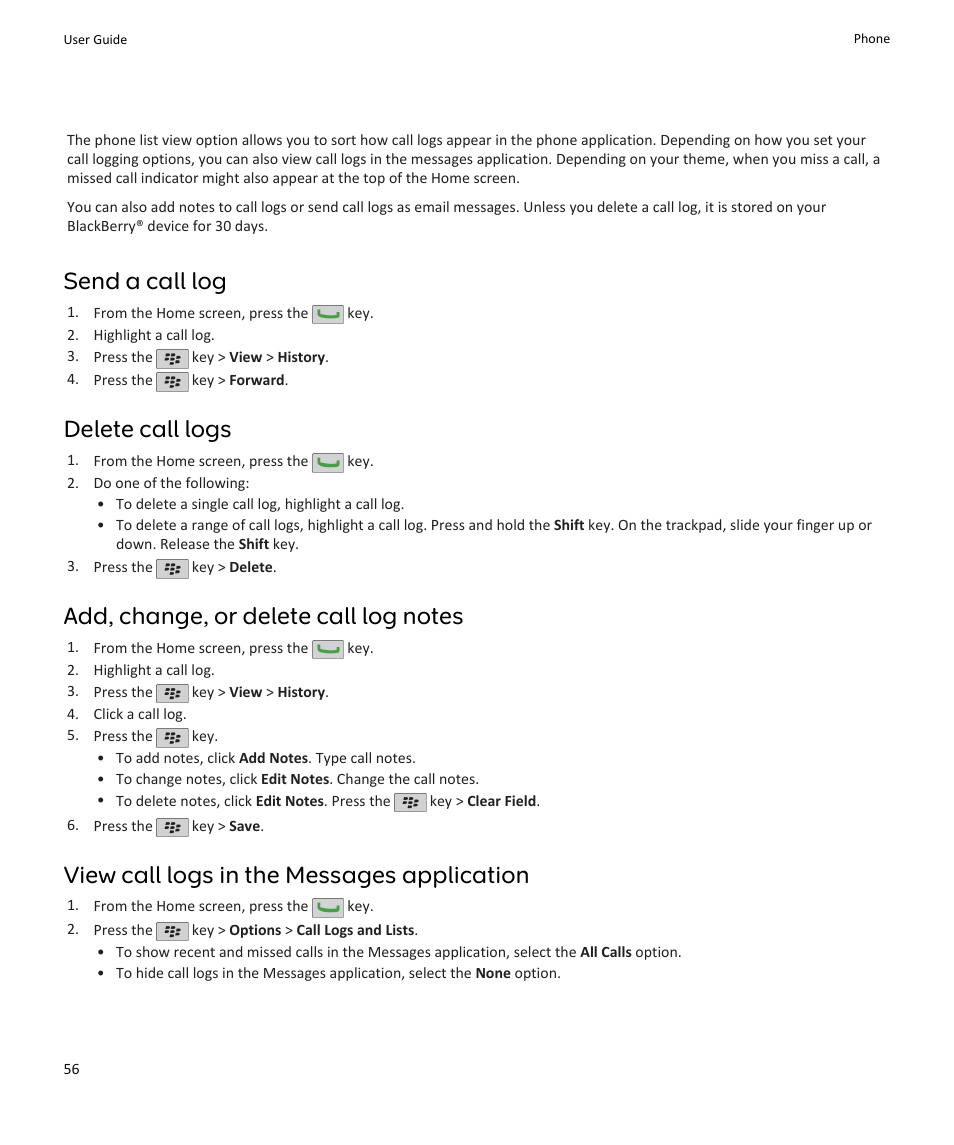 Send a call log, Delete call logs, View call logs in the messages application | Blackberry PEARL 9105 User Manual | Page 58 / 325