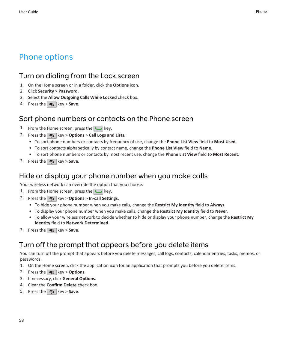 Phone options, Turn on dialing from the lock screen, 58, Turn on dialing from the lock screen | Sort phone numbers or contacts on the phone screen | Blackberry PEARL 9105 User Manual | Page 60 / 325