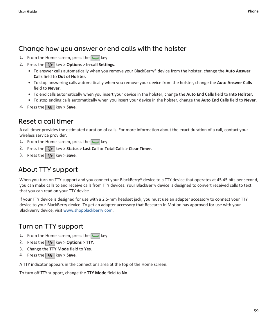 Reset a call timer, About tty support, Turn on tty support | Blackberry PEARL 9105 User Manual | Page 61 / 325