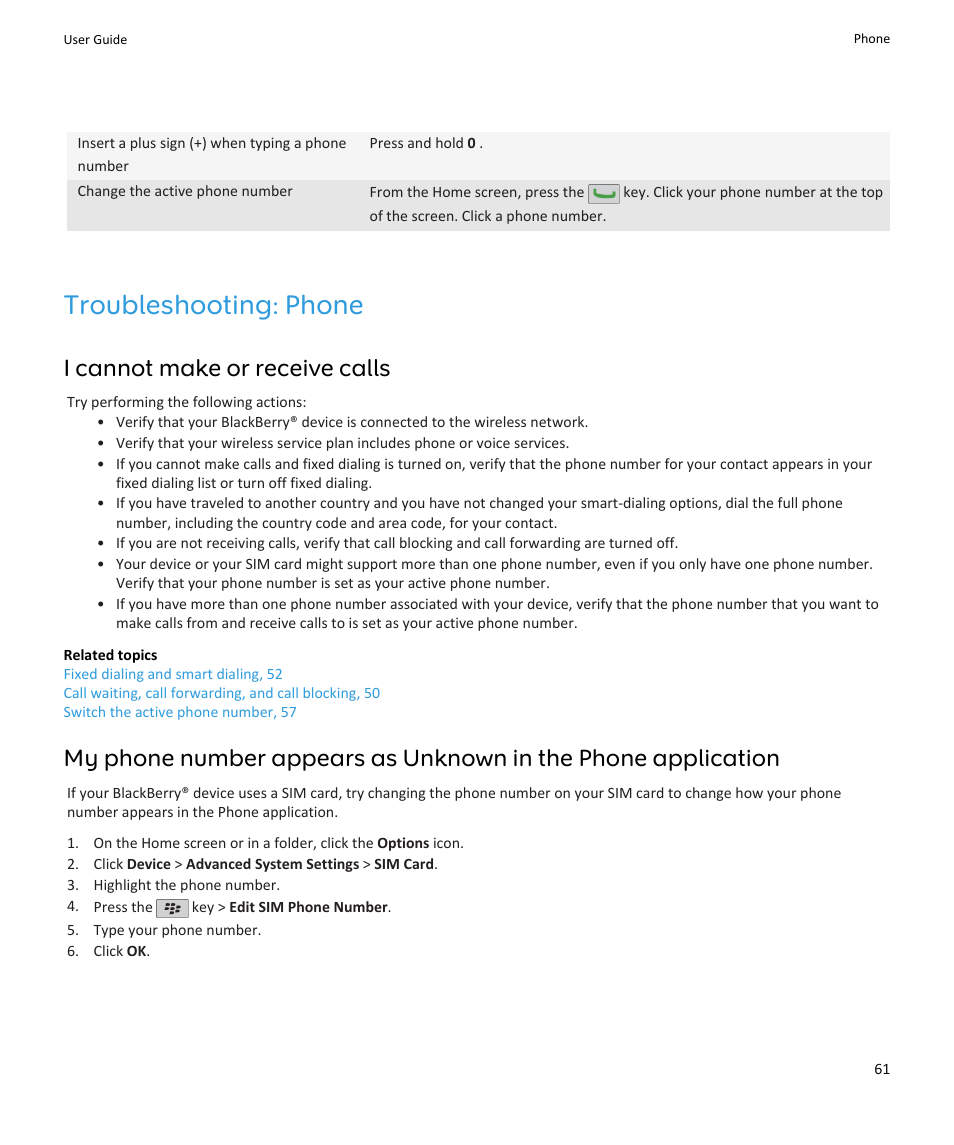 Troubleshooting: phone, I cannot make or receive calls, 61, I cannot make or receive calls | Blackberry PEARL 9105 User Manual | Page 63 / 325