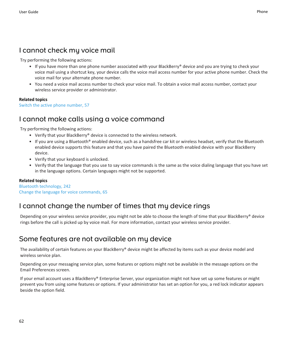 I cannot check my voice mail, I cannot make calls using a voice command, Some features are not available on my device | Blackberry PEARL 9105 User Manual | Page 64 / 325