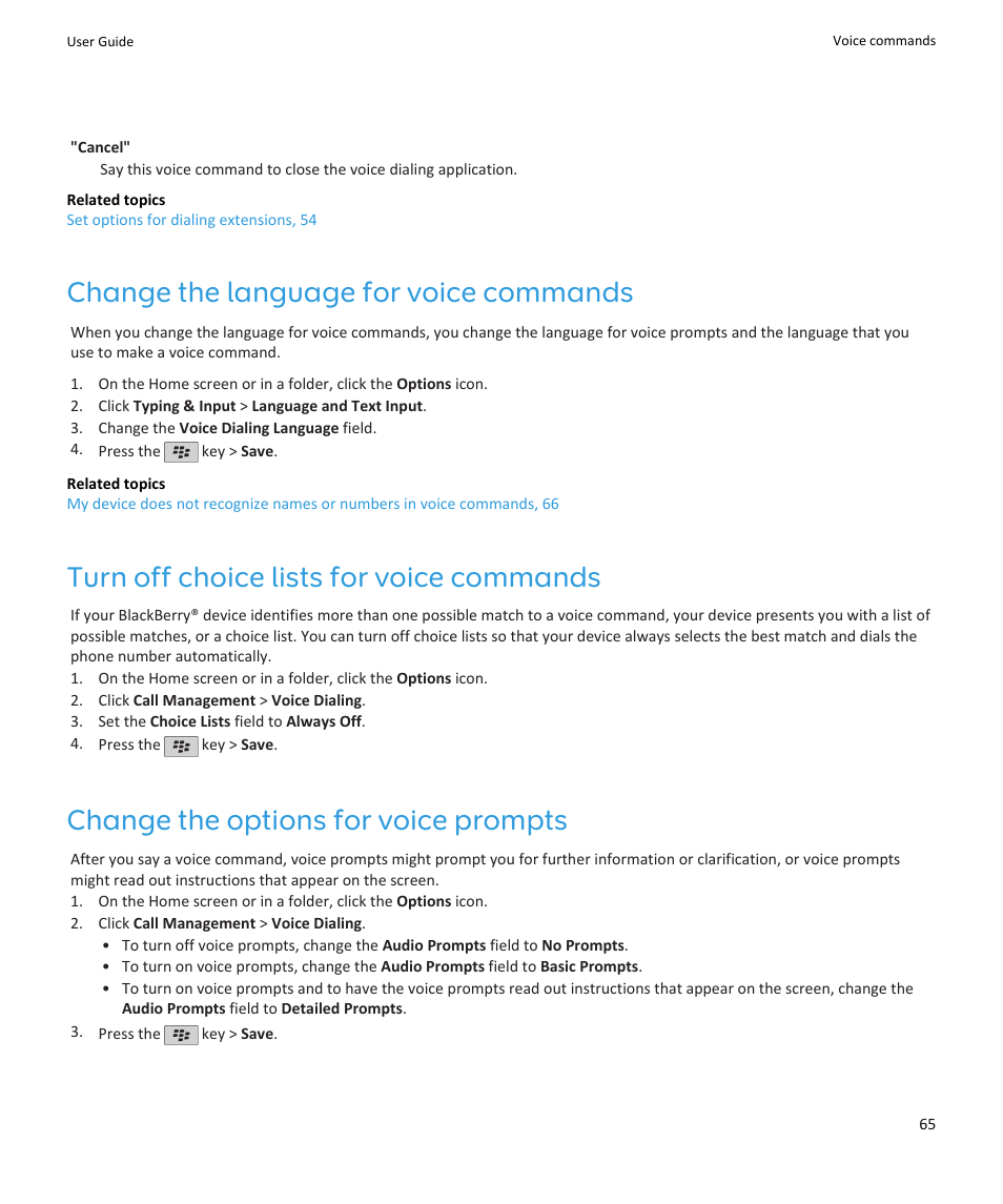 Change the language for voice commands, Turn off choice lists for voice commands, Change the options for voice prompts | Blackberry PEARL 9105 User Manual | Page 67 / 325
