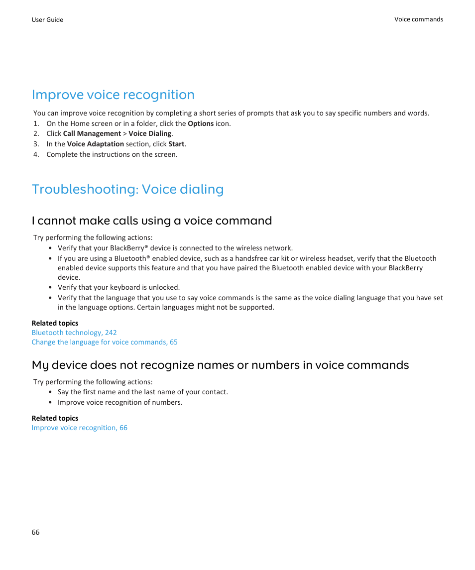 Improve voice recognition, Troubleshooting: voice dialing, I cannot make calls using a voice command | Blackberry PEARL 9105 User Manual | Page 68 / 325