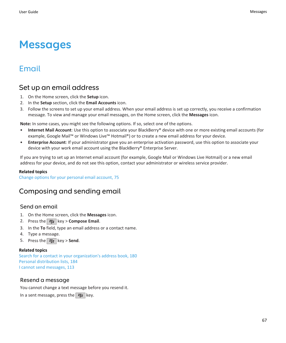 Messages, Email, Set up an email address | Composing and sending email | Blackberry PEARL 9105 User Manual | Page 69 / 325