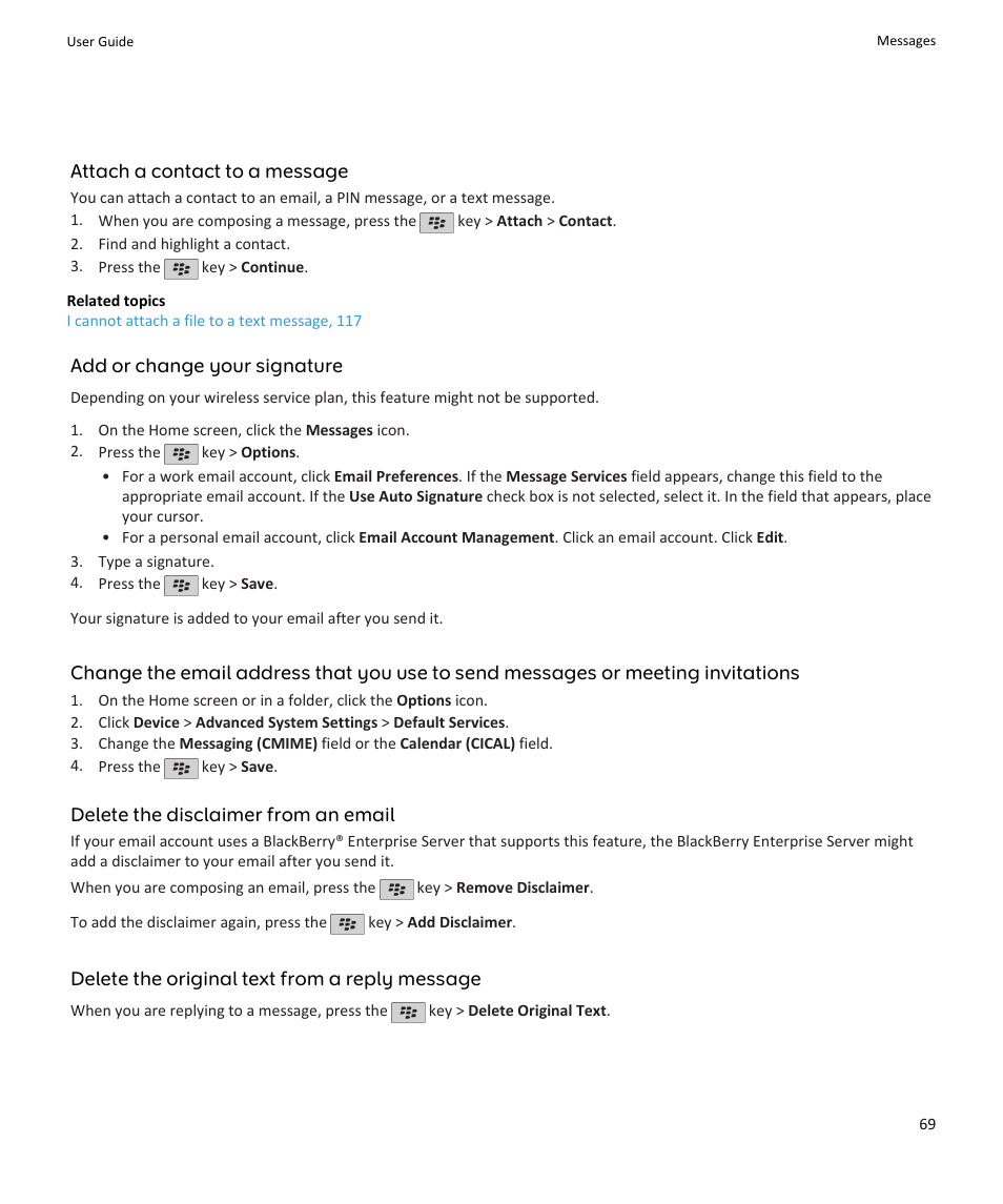 Delete the original text from a reply message, 69 | Blackberry PEARL 9105 User Manual | Page 71 / 325