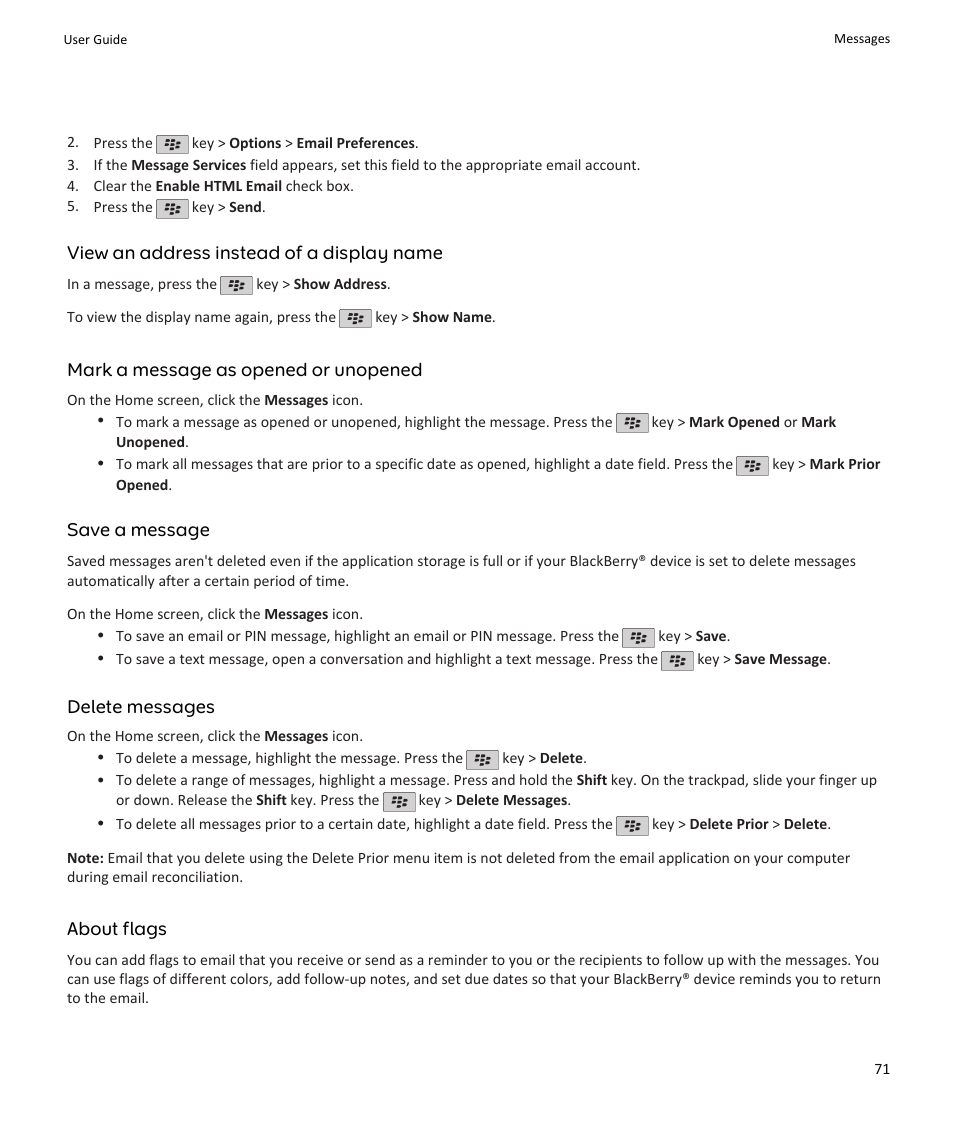 View an address instead of a display name, Mark a message as opened or unopened, Save a message | Delete messages, About flags | Blackberry PEARL 9105 User Manual | Page 73 / 325