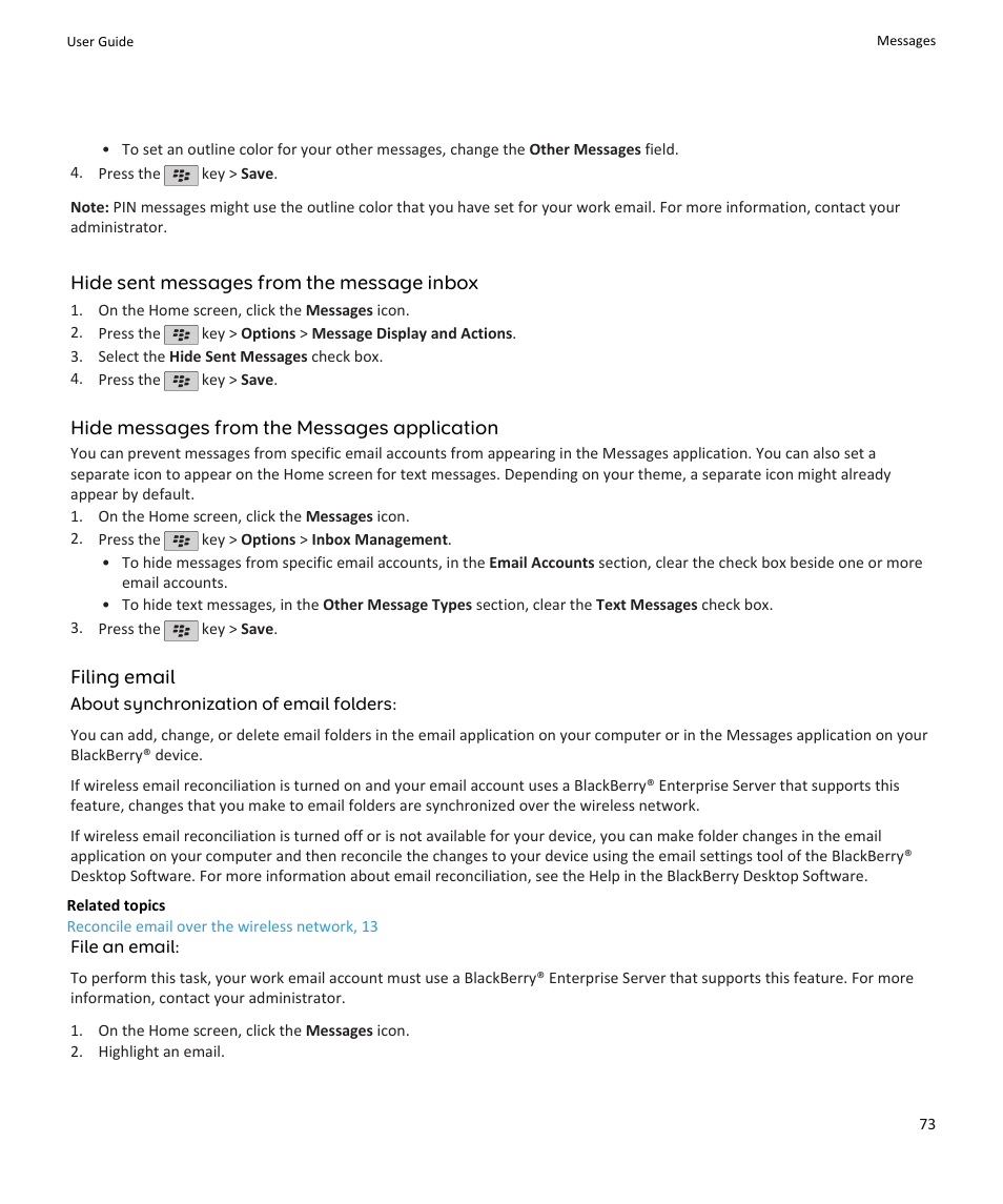 Hide sent messages from the message inbox, Hide messages from the messages application, Filing email | Blackberry PEARL 9105 User Manual | Page 75 / 325