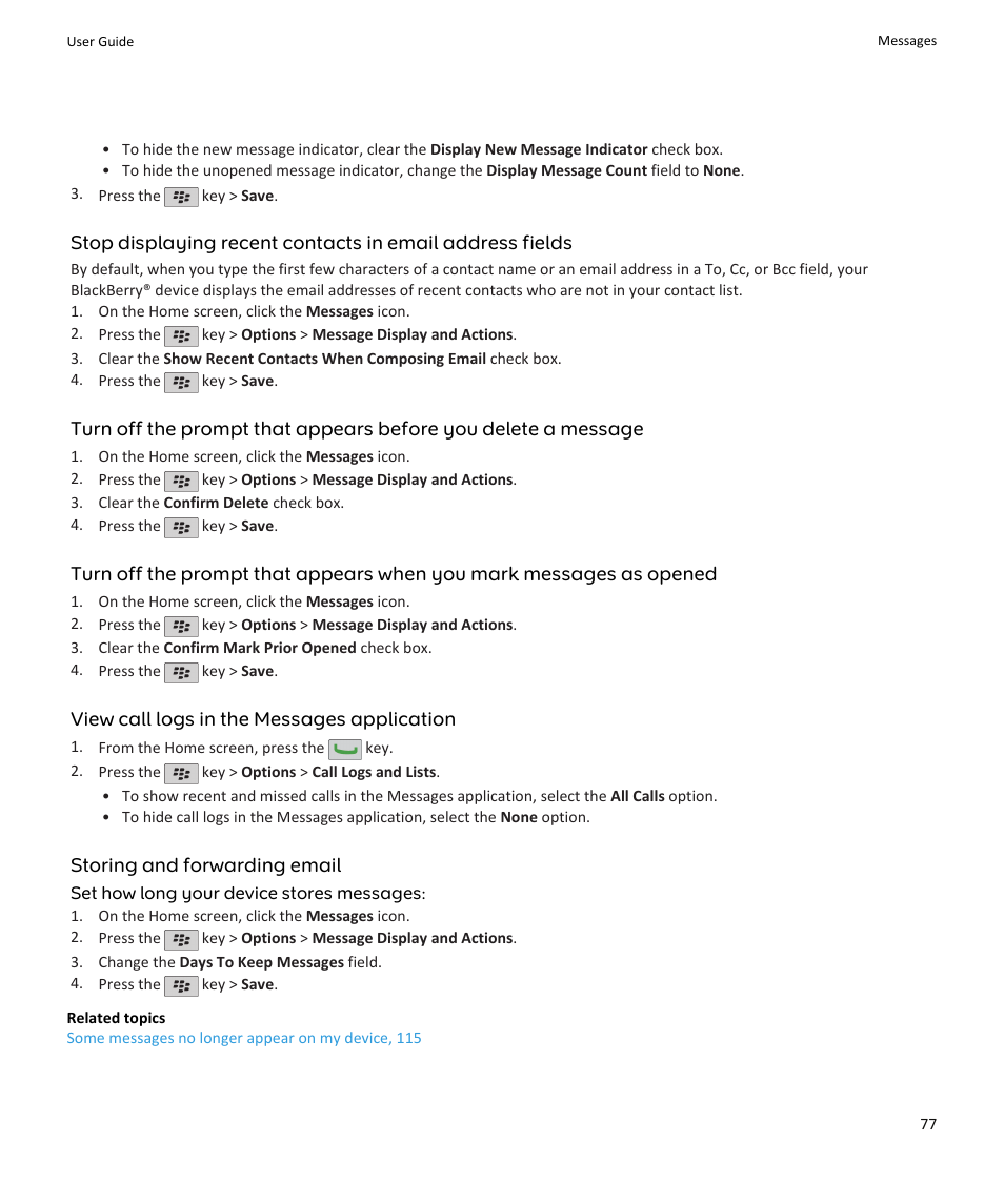 Set how long your device stores messages, 77 | Blackberry PEARL 9105 User Manual | Page 79 / 325