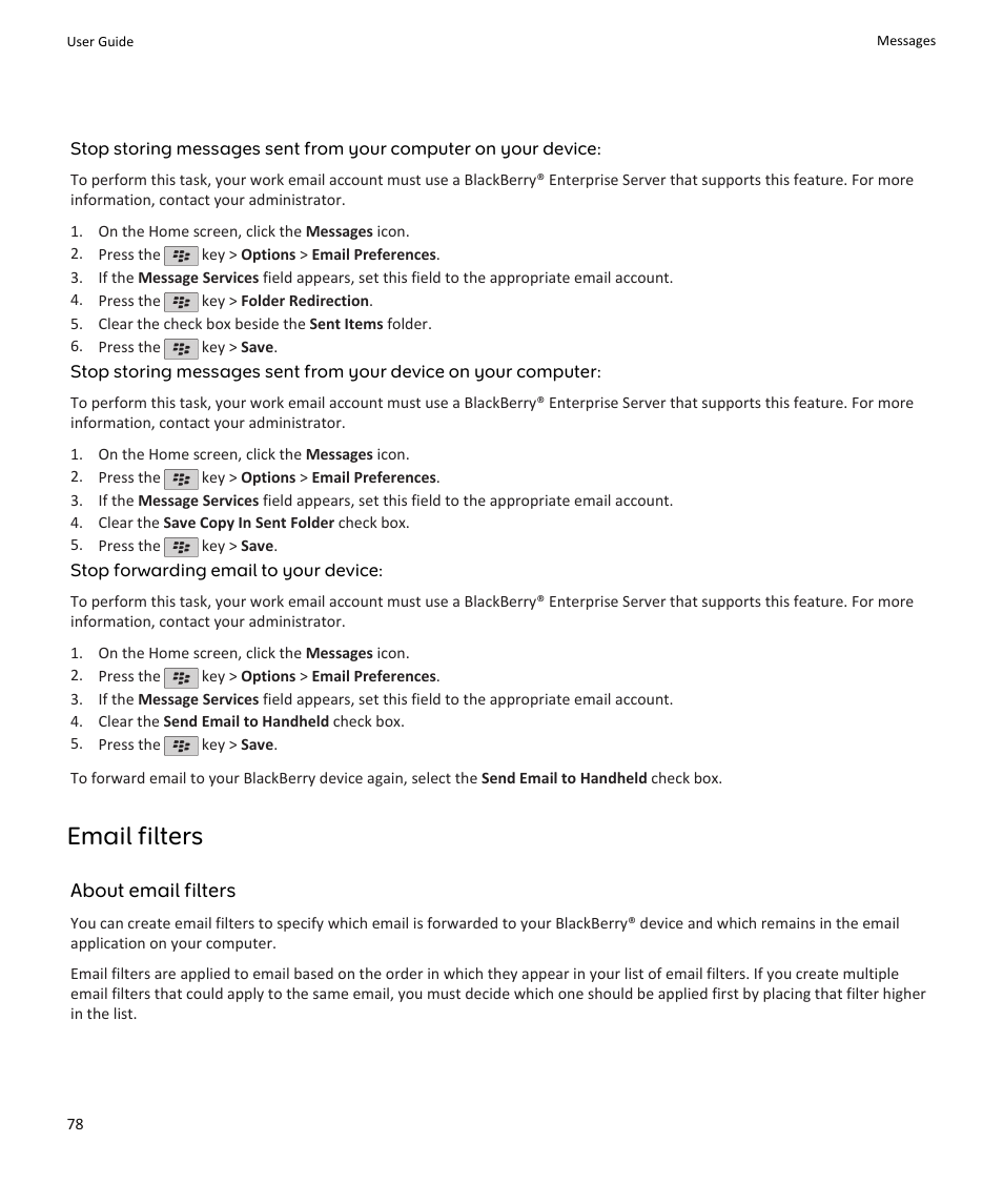 Email filters, About email filters | Blackberry PEARL 9105 User Manual | Page 80 / 325